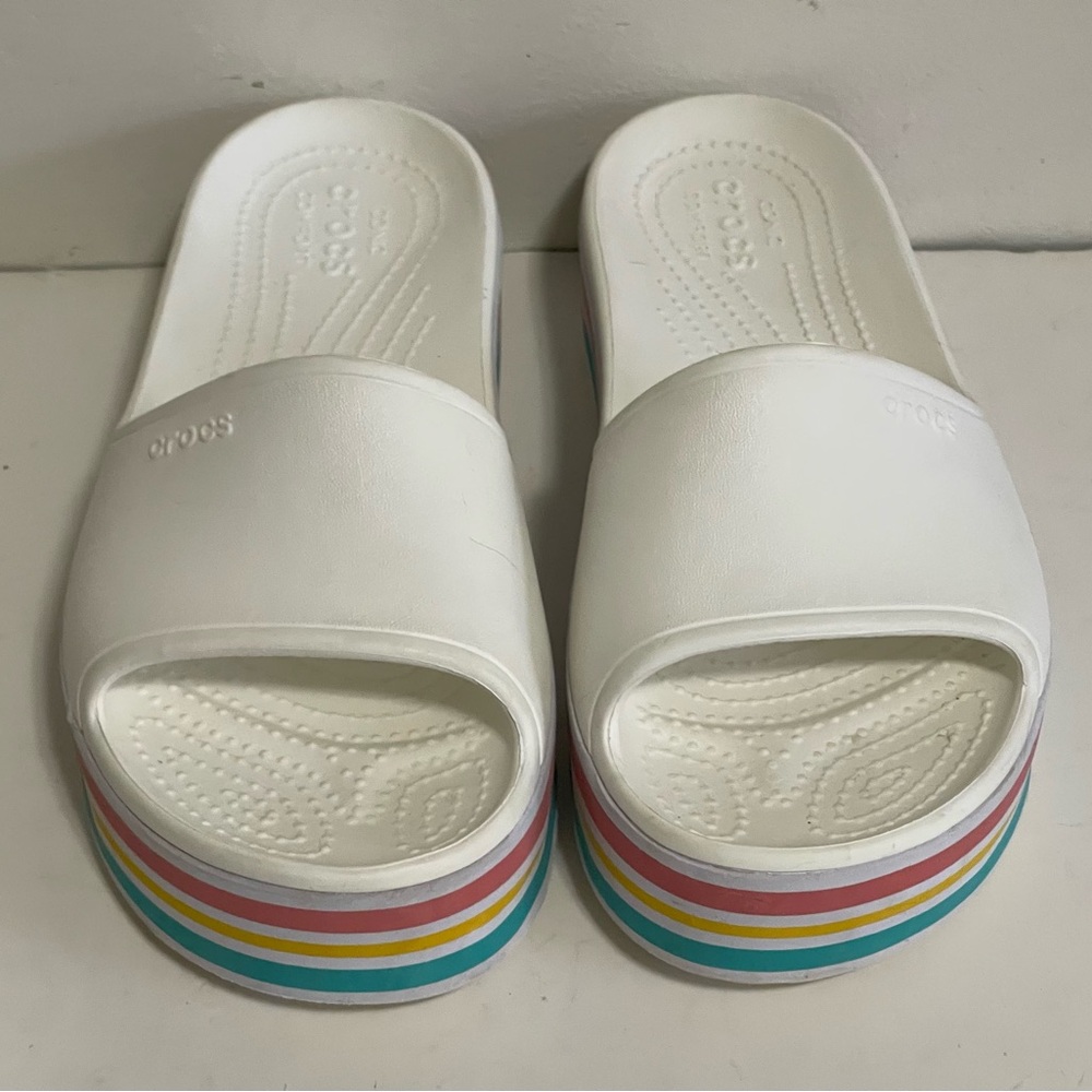 CROCS White Platform Slide Mules with Rainbow Striped Sole